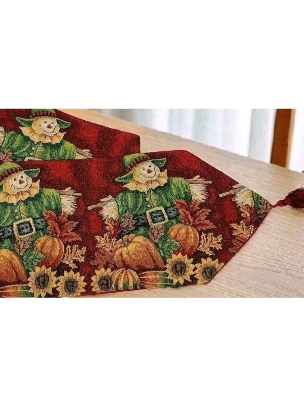 Fall Harvest Tassel Tapestry Table Runner Scarecrow Pumpkin Sunflower 69x13